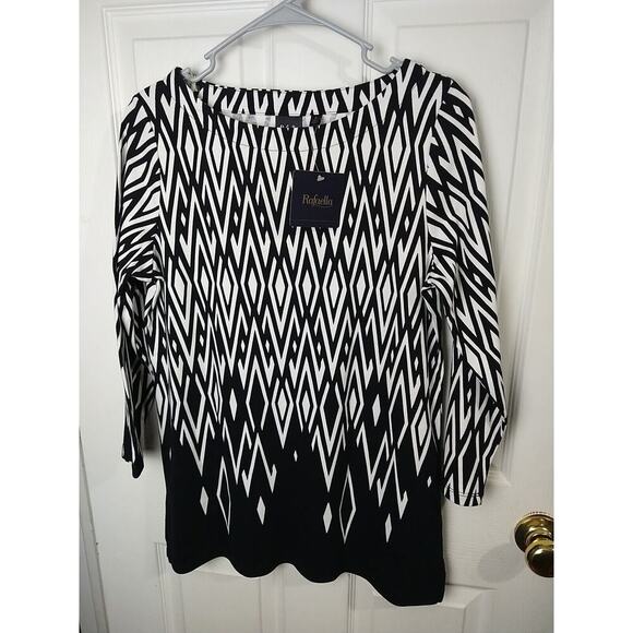 Rafaella Woman M Blouse Long Sleeve Black White Diamond Business Casual Pullover - Picture 1 of 7